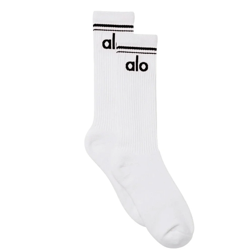 Alo Yoga Unisex Throwback Sock White Black Ribbed Crew Socks A0357U Size‎ M